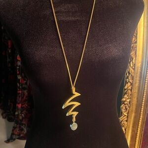 Abstract Large Gold Tone Pendant Necklace with silver tone drop